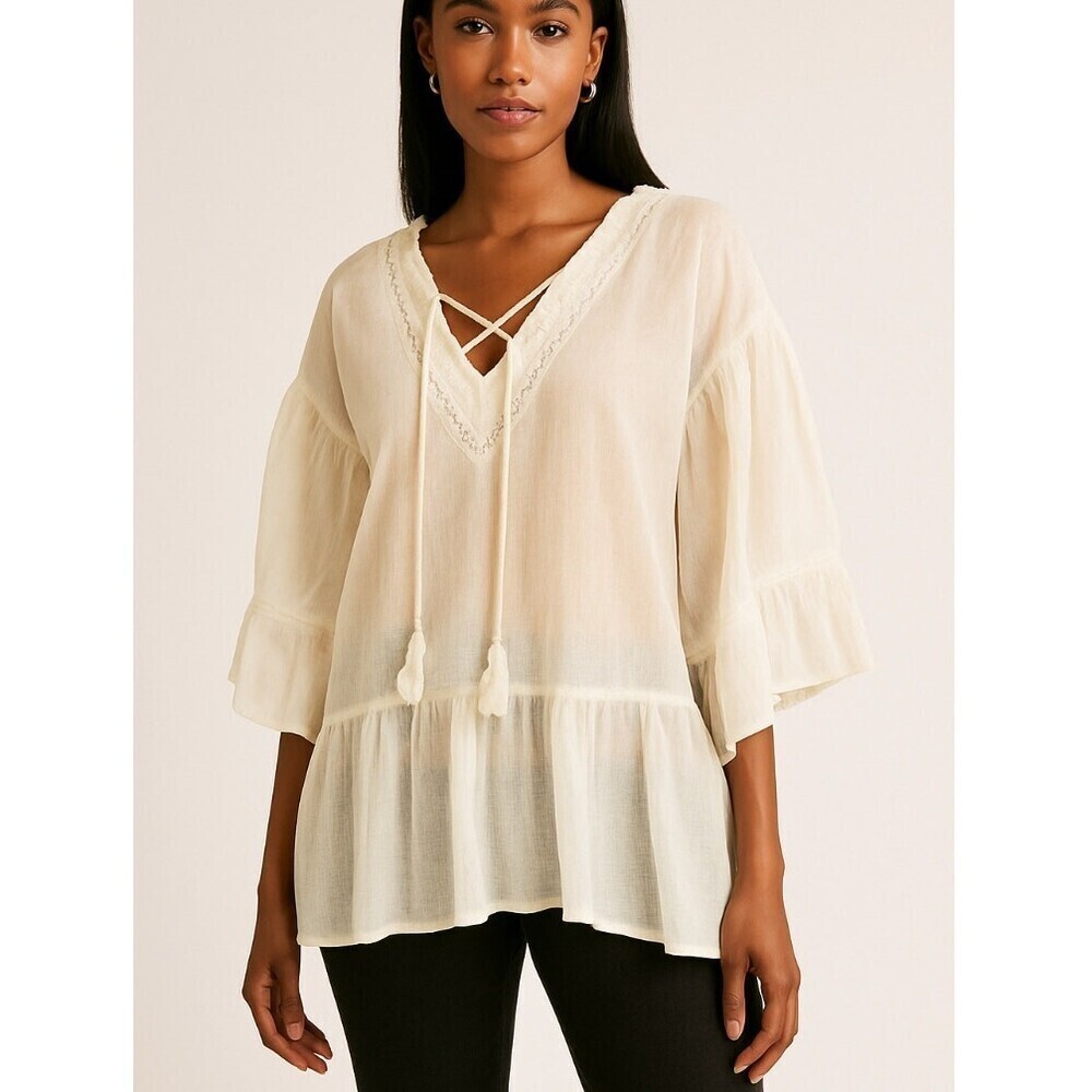 Asos blouse top flowy white 100% cotton lightweight V-neck tie 3/4 sleeve SZ M